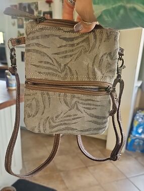 Neutral Gray Printed Canvas Crossbody Bag with Brown Strap